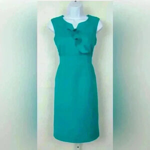 Tahari By Levine Linen Blend Women’s Sheath Dress Size 6 Teal Sleeveless Ruffle